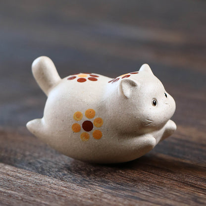 Gohobi Yixing Purple Clay Flower Cat Tea Pet – Handmade Lucky Cat Ornament