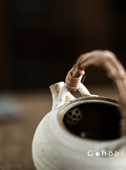 Gohobi Insect-Eaten Shino Handmade Teapot – Japanese Retro Wabi-Sabi Beam Pot (300–400ml)