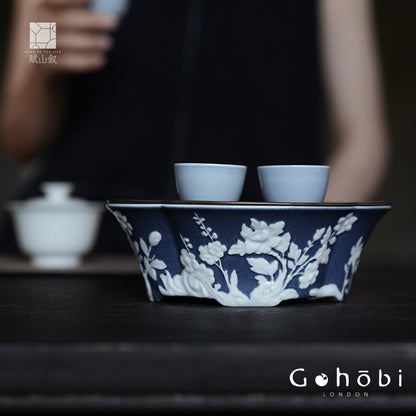 [賦山敘 x Gohobi] Gohobi Begonia Carved Tin Lid Tea Boat – Ceramic Dry Brew Tea Tray with Water Storage