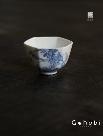 [賦山敘 x Gohobi] Gohobi Jingdezhen Hand-Painted Blue and White Landscape Teacup – Hexagonal Silver Foot Gongfu Tea Cup