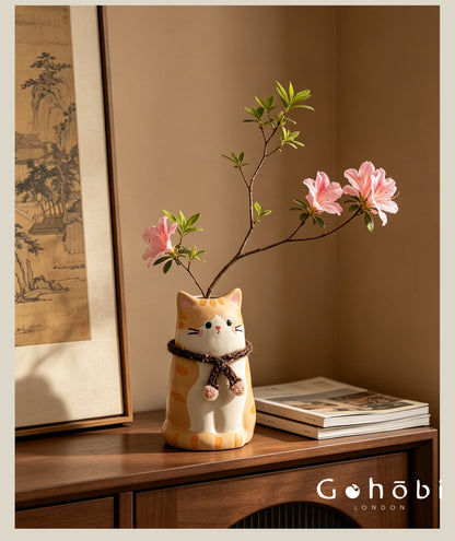 Gohobi Cute Cat Ceramic Vase – Handmade Jingdezhen Ikebana Flower Vase