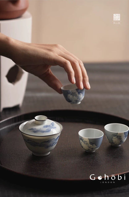 [賦山敘 x Gohobi] Gohobi Jingdezhen Blue and White Landscape Gaiwan – Silver Rim Ceramic Gongfu Tea Bowl
