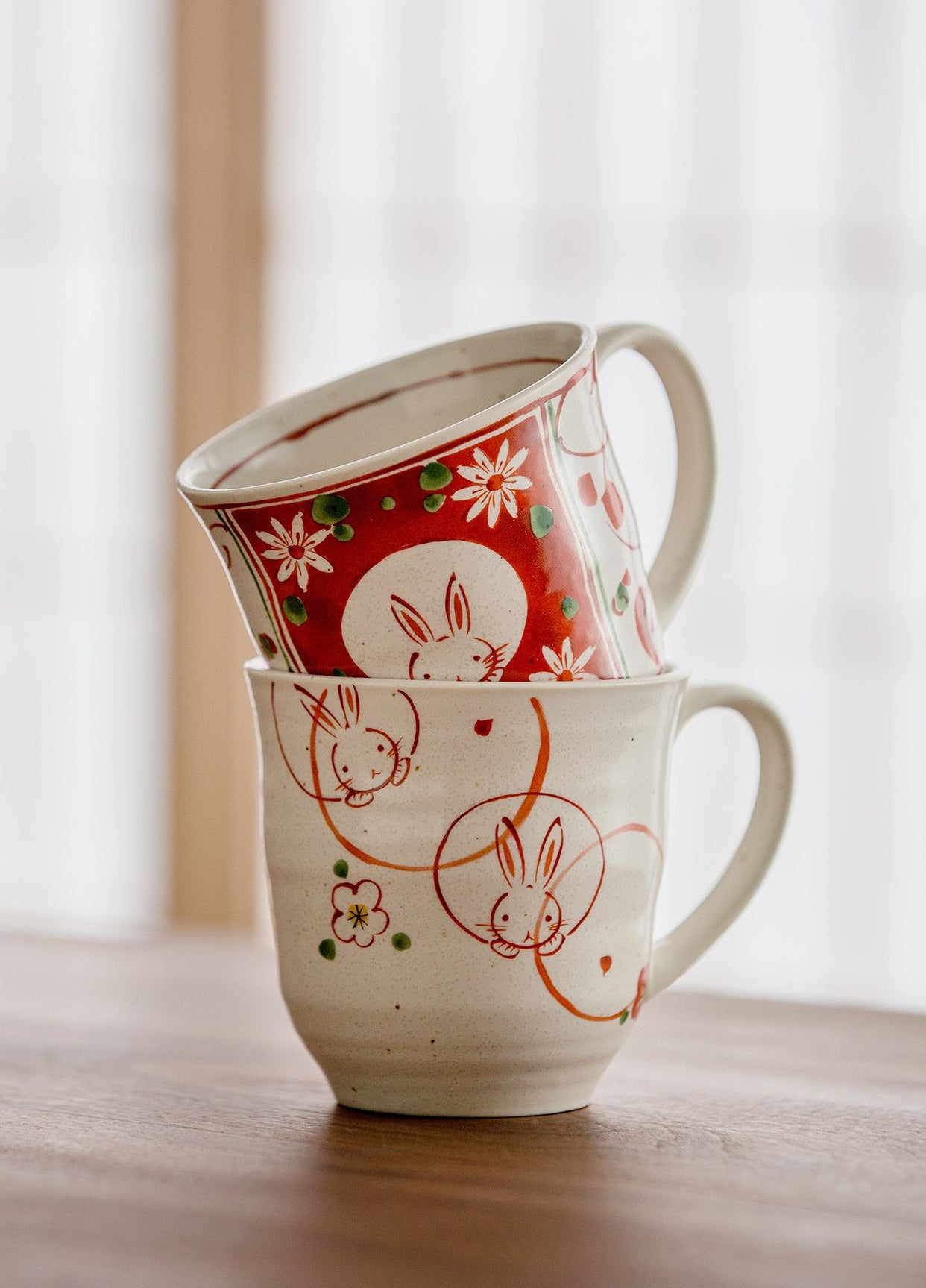 Gohobi Japanese Mino Ware Sakura Rabbit Mug Set