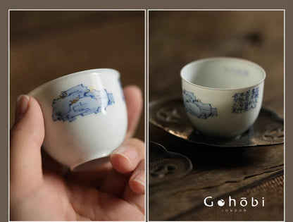 [賦山敘 x Gohobi] Gohobi Jingdezhen Hand-Painted Blue and White Mountain Teacup – Ruoshen Style Gongfu Tea Tasting Cup