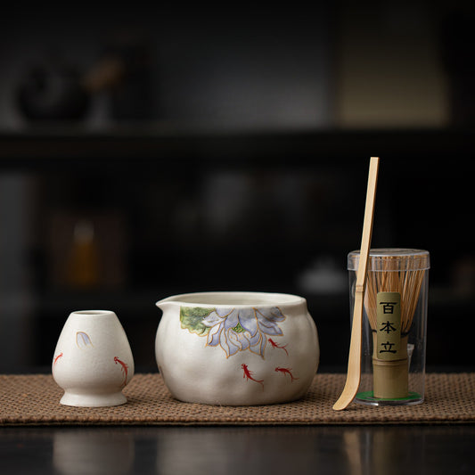 Fish play hand-painted matcha four-piece set imitation Song Dynasty ceramic tea dispenser tea set gift box matcha bowl Baibenli tea < unk >