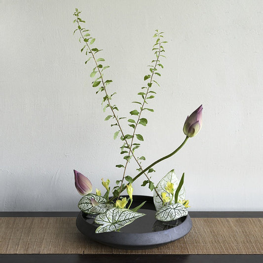 ohobi Frosted Ceramic Ikebana Bowl – Large Zen Flower Arrangement Water Plate
