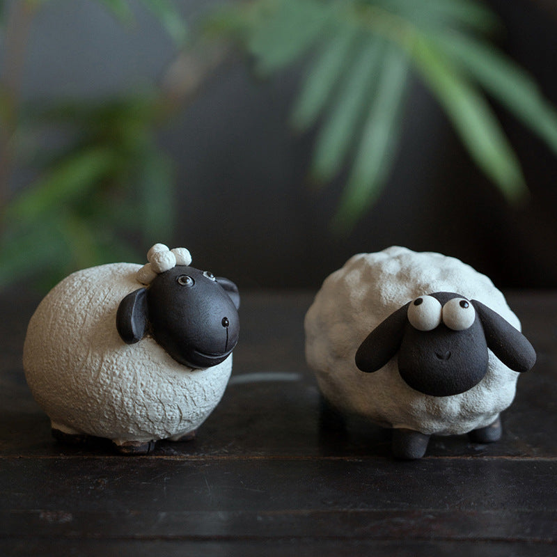 Gohobi Handmade Ceramic YiXing Clay White and Black Sheep Ornament Tea pet