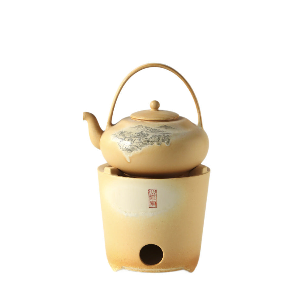 Gohobi Firewood-Style Mini Stove Teapot – Hand-Painted Landscape Charcoal Tea Pot