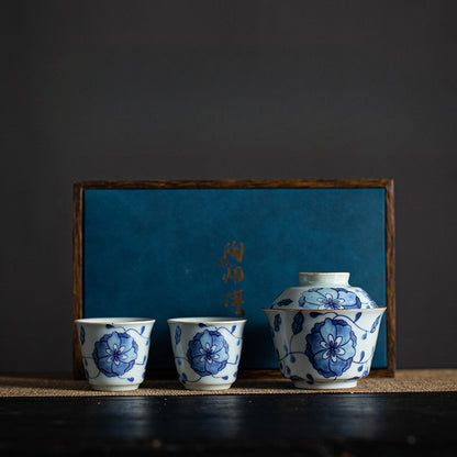 Gohobi Blue and White Lotus Gaiwan Three-Piece Set