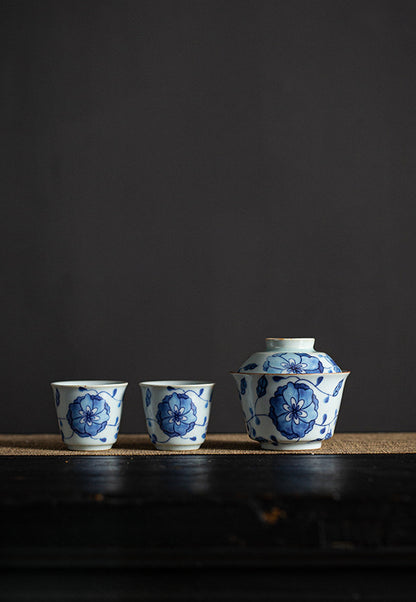 Gohobi Blue and White Lotus Gaiwan Three-Piece Set