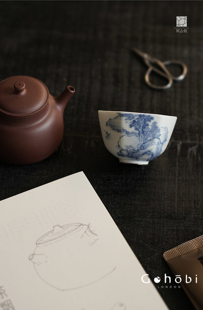 [賦山敘 x Gohobi] Gohobi Jingdezhen Hand-Painted Blue and White Landscape Teacup – Hexagonal Silver Foot Gongfu Tea Cup