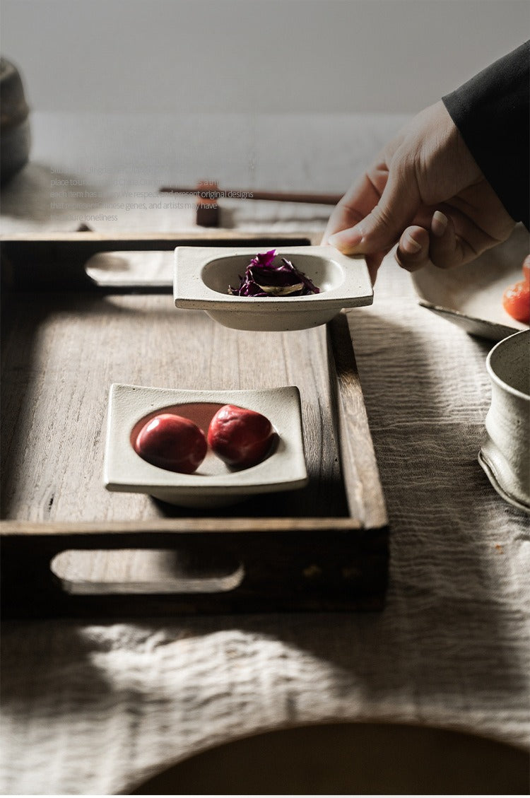 Gohobi Japanese Vintage Jingdezhen Coarse Pottery Square Condiment Dish