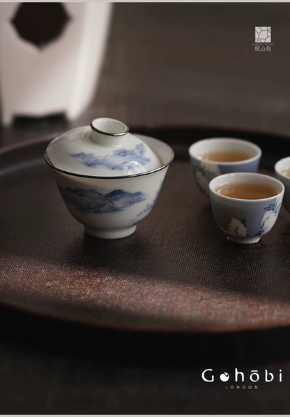 [賦山敘 x Gohobi] Gohobi Jingdezhen Blue and White Landscape Gaiwan – Silver Rim Ceramic Gongfu Tea Bowl