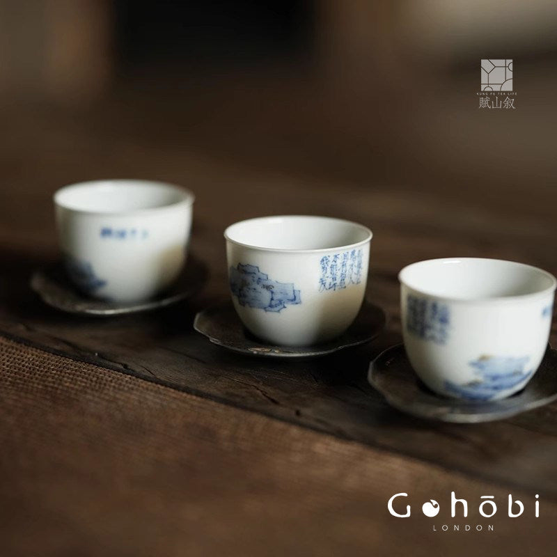[賦山敘 x Gohobi] Gohobi Jingdezhen Hand-Painted Blue and White Mountain Teacup – Ruoshen Style Gongfu Tea Tasting Cup