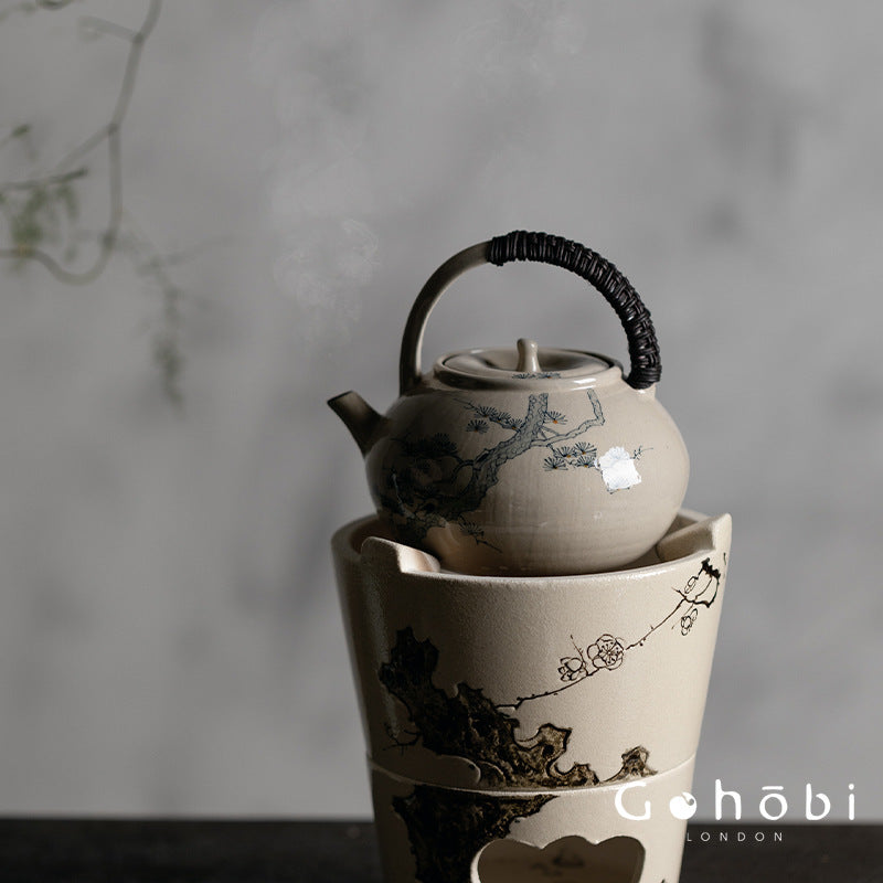 Gohobi Outdoor Portable Blue & White Teapot – Rattan Beam Open Flame Brewing Kettle (400ml)