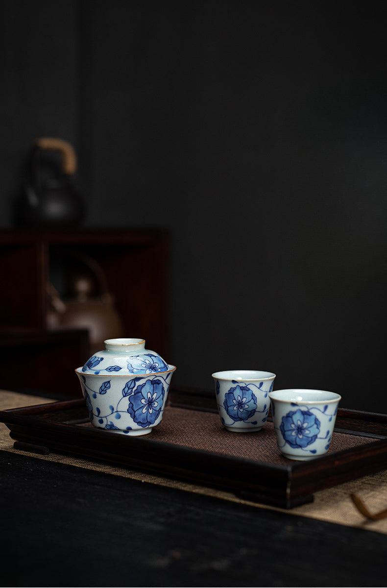 Gohobi Blue and White Lotus Gaiwan Three-Piece Set