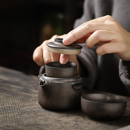 Gohobi Vintage Rustic Ceramic Travel Tea Set