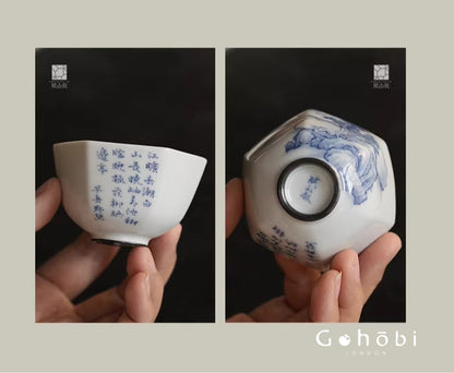 [賦山敘 x Gohobi] Gohobi Jingdezhen Hand-Painted Blue and White Landscape Teacup – Hexagonal Silver Foot Gongfu Tea Cup