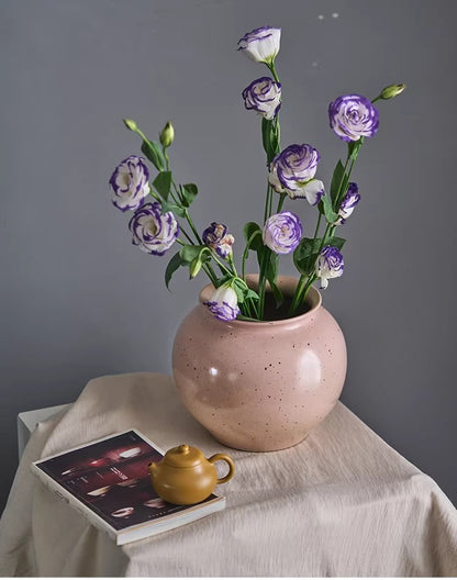 Gohobi Jingdezhen Handmade Pink Ceramic Vase – Wide Mouth Retro Coarse Pottery Flower Vase