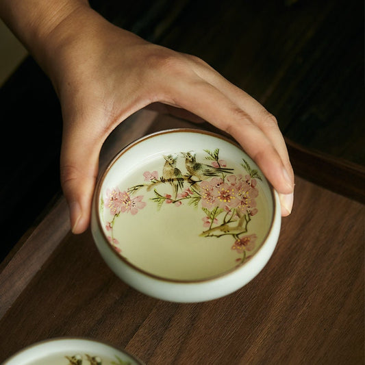 Gohobi Hand-painted Peach blossom Tea Cup Ceramic Chinese Gongfu tea Kung Japanese Chado fu tea