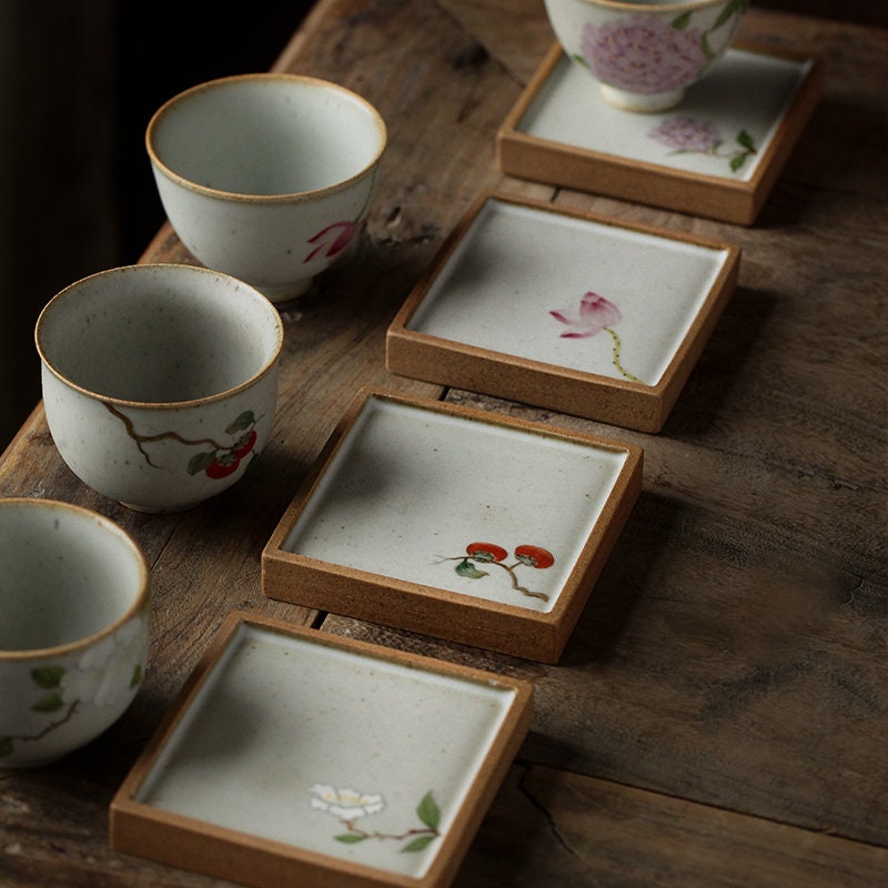 Gohobi Hand painted ceramic Flowers Coasters  Chinese Gongfu tea Kung fu tea Japanese Chado Oriental tea coaster