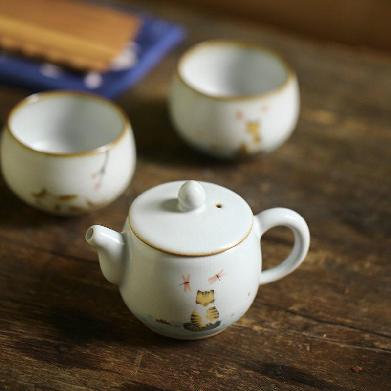 Gohobi Hand painted Cat Teapot Ceramic Chinese Gongfu tea Kung fu tea Japanese Chado