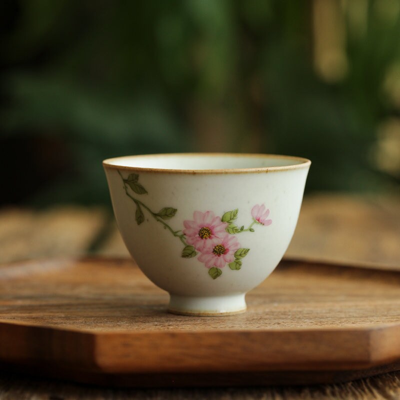 Gohobi Hand painted ceramic Flowers tea cup Chinese Gongfu tea Kung fu tea Japanese Chado peach blossom