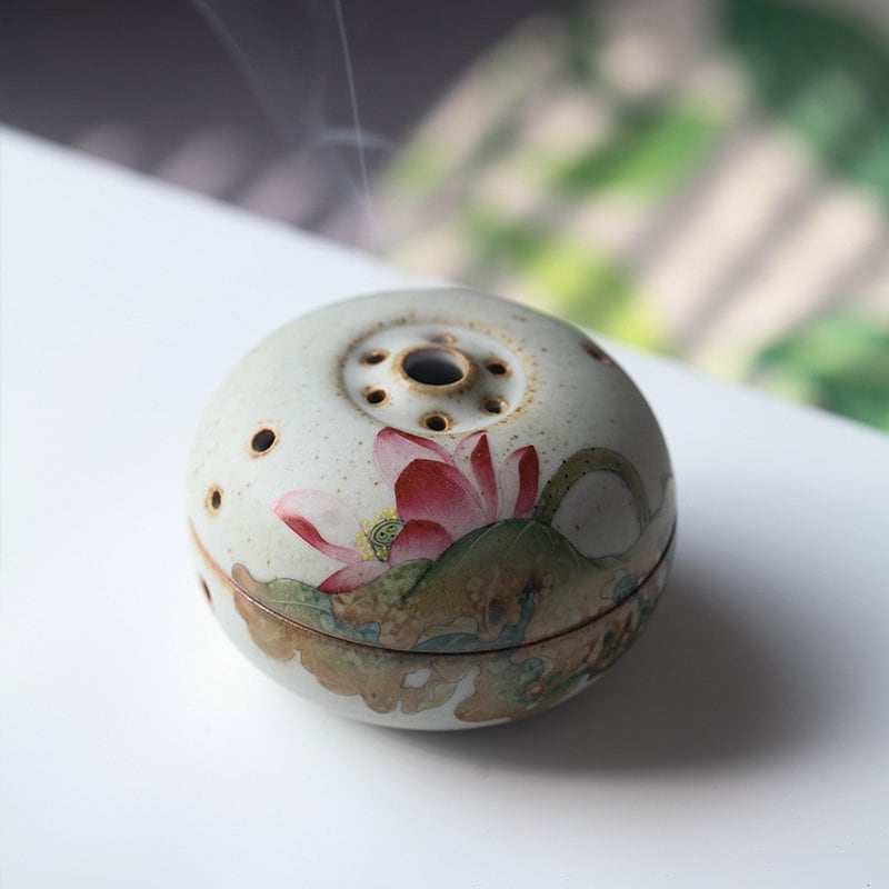 Gohobi Hand-painted Lotus Ceramic Incense bowl Incense holder Gongfu tea Japanese Chado