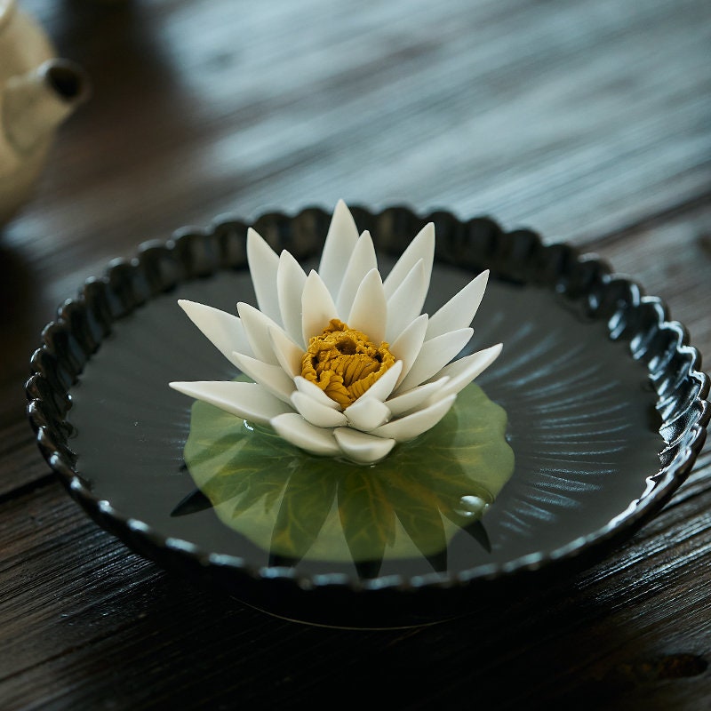 Gohobi Handmade Ceramic White lotus  White camellia  Incense stick holder Gongfu tea Japanese Chado