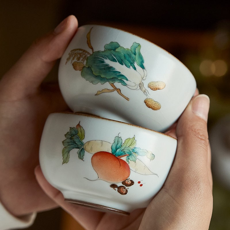 Gohobi Hand painted ceramic vegetables tea cup Chinese Gongfu tea Kung fu tea Japanese Chado Cabbage Radish