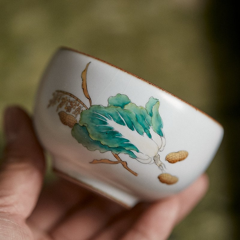 Gohobi Hand painted ceramic vegetables tea cup Chinese Gongfu tea Kung fu tea Japanese Chado Cabbage Radish