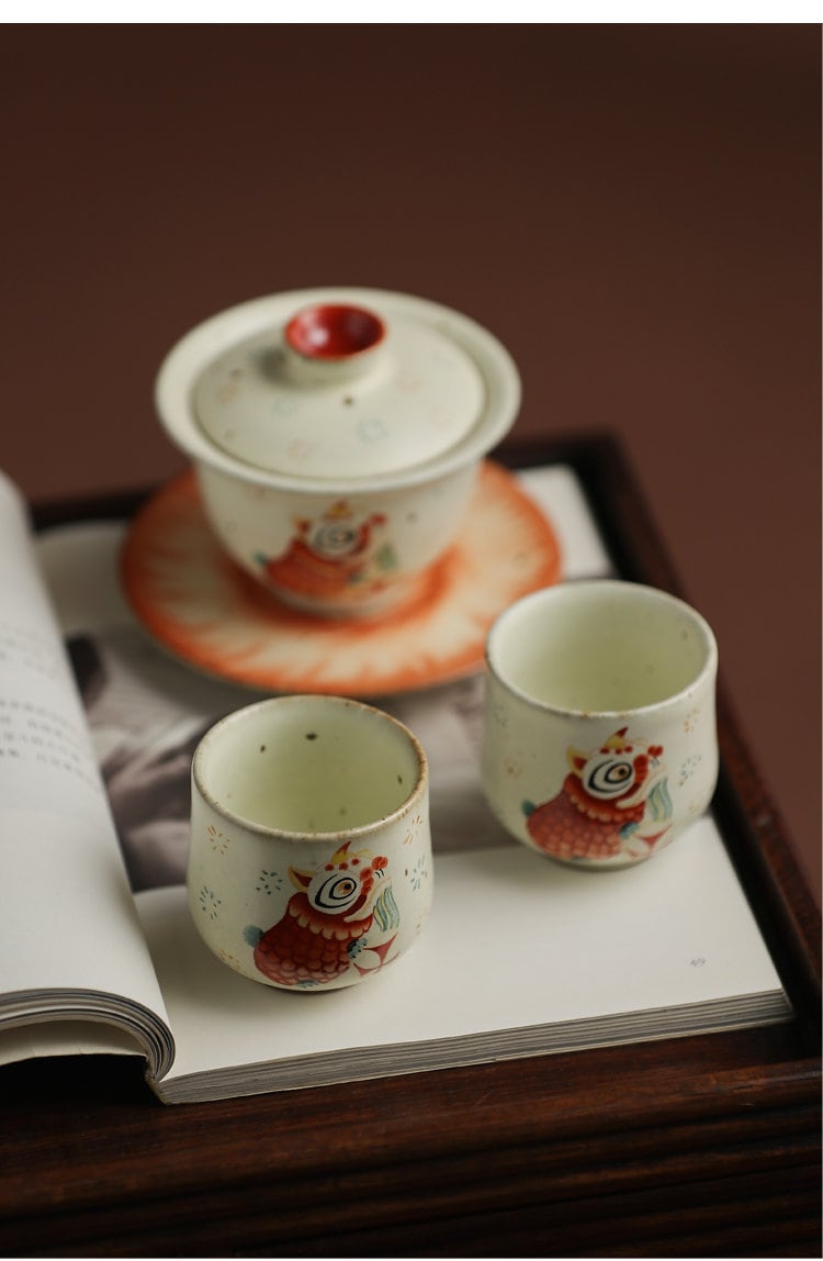 Gohobi Hand painted Chinese Lion dance Tea Cup Ceramic Chinese Gongfu tea Kung fu tea Japanese Chado