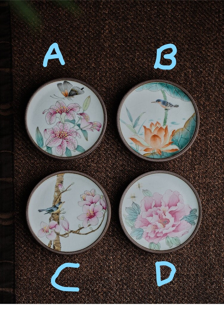 Gohobi Hand painted drink coaster ceramic Flowers Birds Bees Butterfly teapot lid stand Chinese Gongfu tea Japanese Chado mini coasters