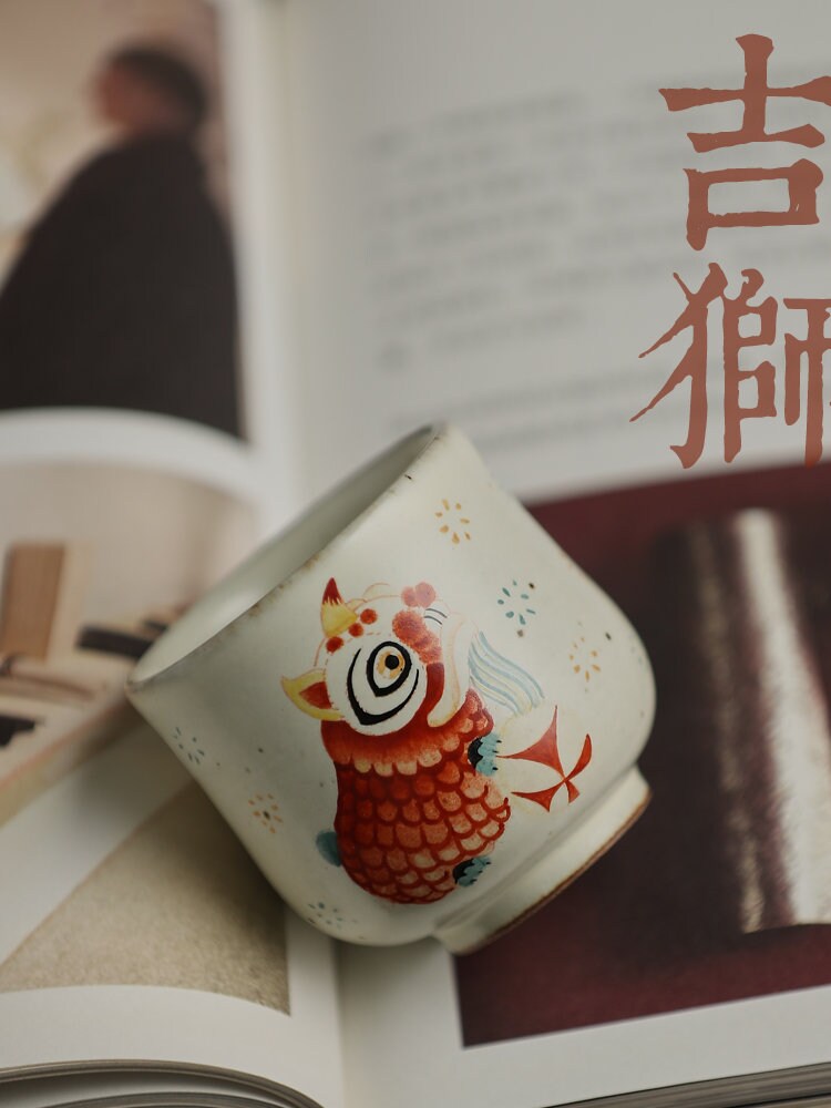 Gohobi Hand painted Chinese Lion dance Tea Cup Ceramic Chinese Gongfu tea Kung fu tea Japanese Chado