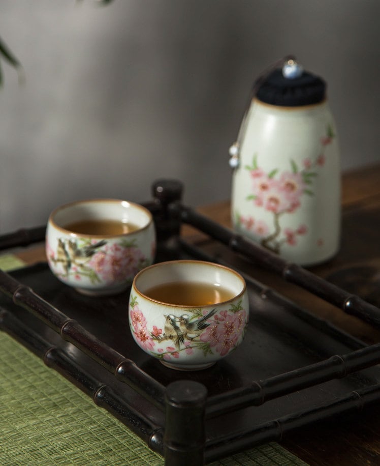 Gohobi Hand painted Peach Blossom Bird Tea Cup Ceramic Chinese Gongfu tea Kung fu tea Japanese Chado by local young designer