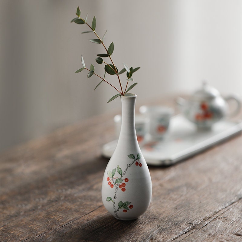 Gohobi porcelain hand painted mini vases peony bamboo fruit Chinese Gongfu tea Kung fu tea able decoration