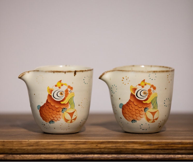 Gohobi Hand painted Chinese Lion dance Tea Pitcher Tea cup fair cup Ceramic Chinese Gongfu tea Kung fu tea Japanese Chado