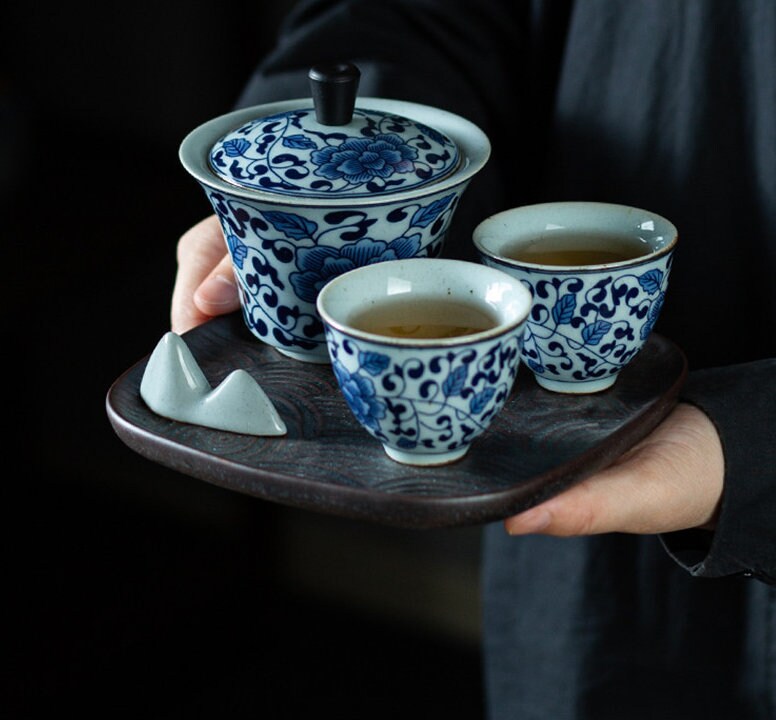 Gohobi blue and white porcelain gaiwan set Oriental tea set handmade Chinese Gongfu tea Kung fu tea Japanese Chado