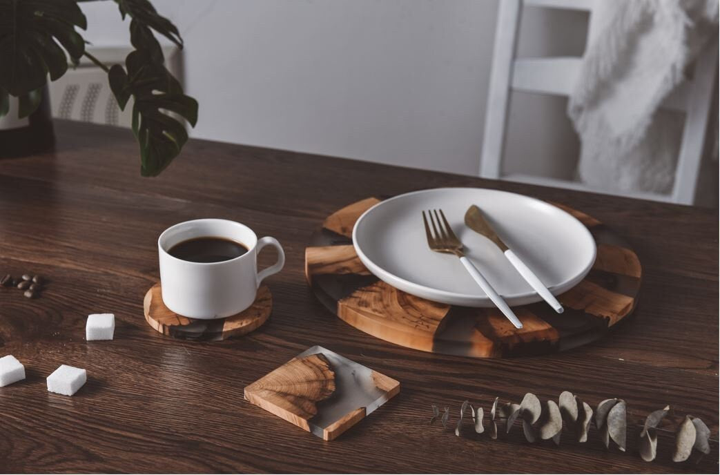 Gohobi Handmade Wood Resin placemats luxury epoxy tea drink placemat unique handmade placemat tableware Japanese wooden drinkware unique