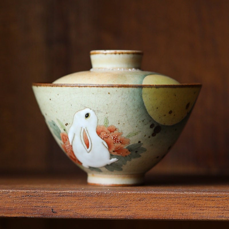 Gohobi Rabbit Handmade Tea cup, Hand painted, vintage, high quality, Rustic, Minimalistic Japanese Tea, Green Tea, Gongfu tea