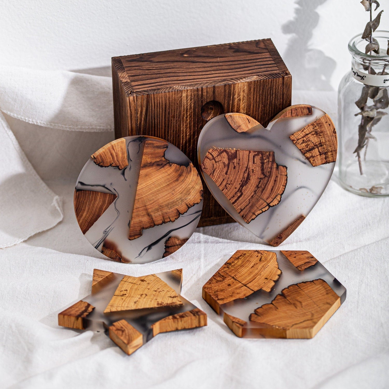 Gohobi LIMITED EDITION Set of 4 Wooden resin coasters placemats + Wooden gift box wabi sabi