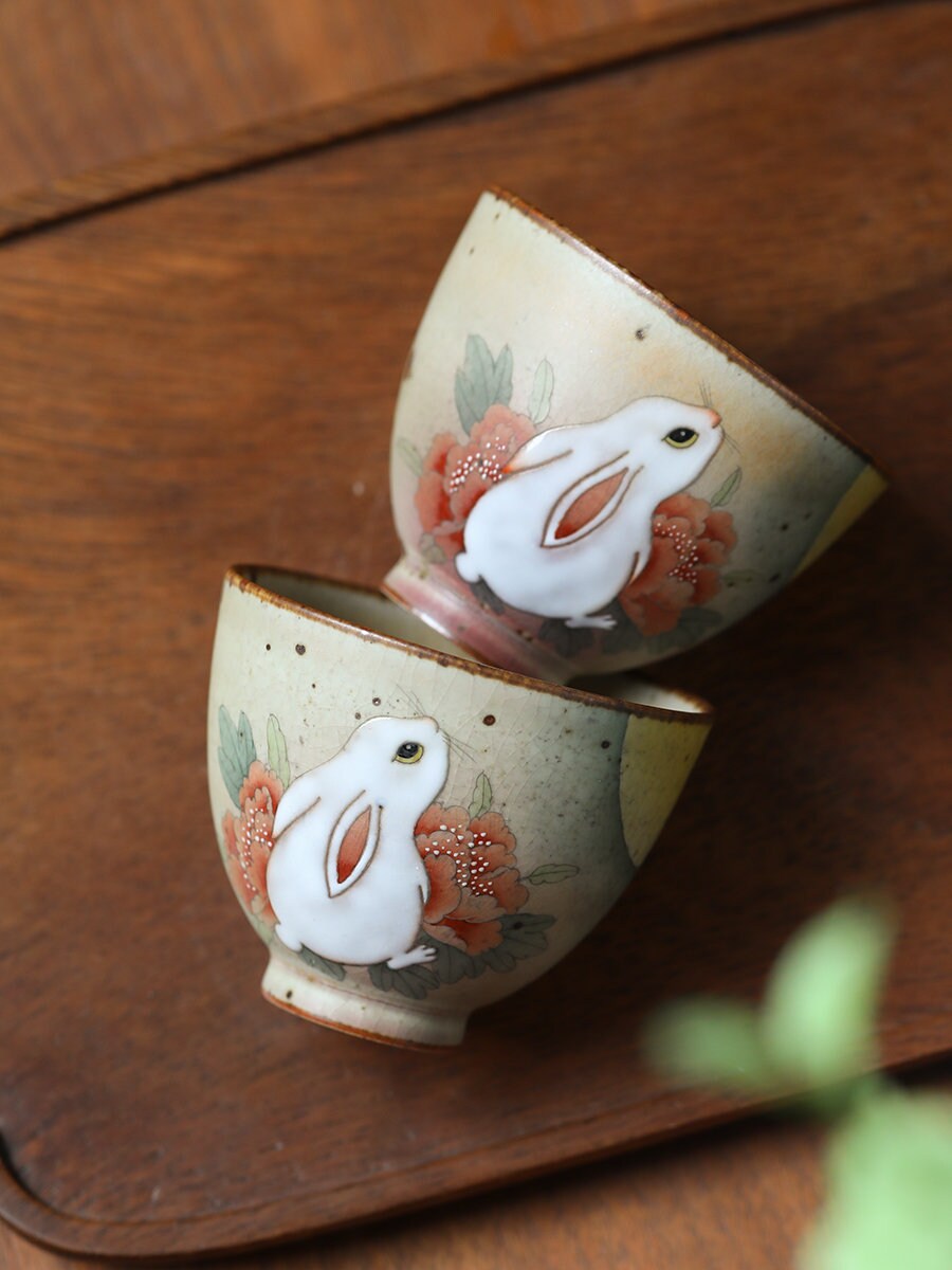 Gohobi Rabbit Handmade Tea cup, Hand painted, vintage, high quality, Rustic, Minimalistic Japanese Tea, Green Tea, Gongfu tea