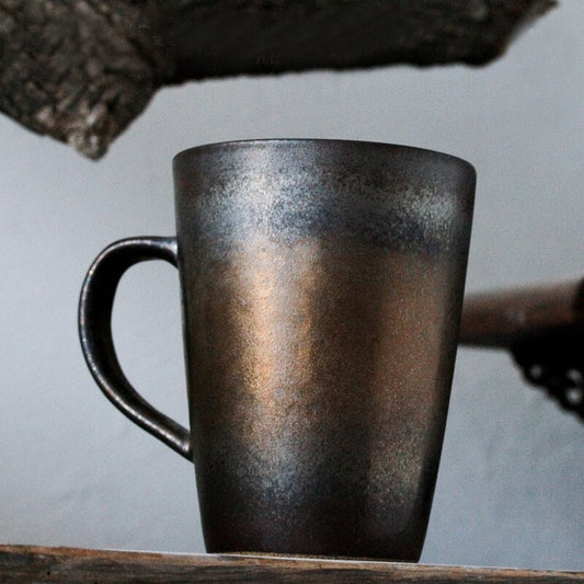 Gohobi handmade ceramic metallic glaze coffee mug [FREE bamboo lid and spoon] tea cup mug Japanese vintage style stoneware