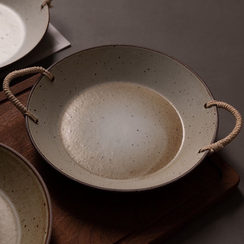 Gohobi Handmade ceramic pasta bowl plate with rattan holder Japanese style tableware stoneware