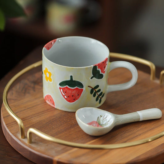 Gohobi Hand-painted ceramic strawberry teacup coffee mug with spoon Japanese style