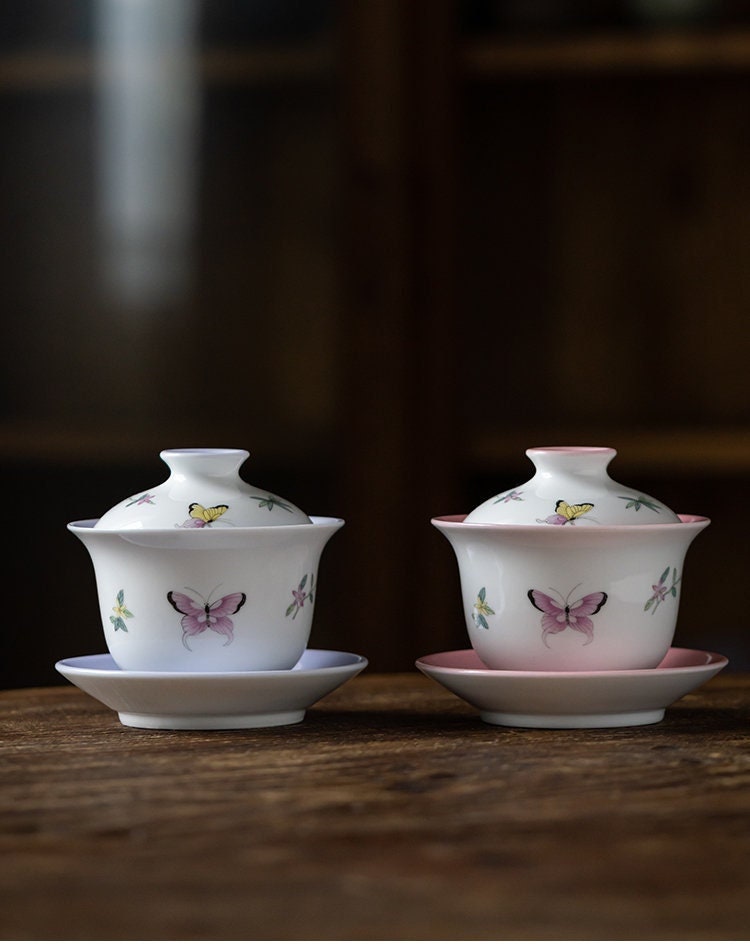 Gohobi Handmade Butterfly gaiwan pink purple Tea cup rare hand painted Rustic Minimalistic Japan Gongfu tea