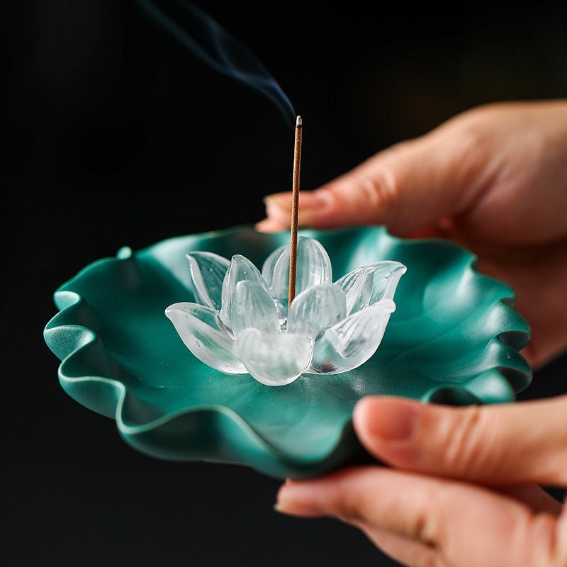 Gohobi Handmade glass incense burner pink and clear lotus Incense stick holder Gongfu tea Japanese Lotus