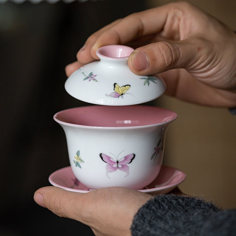Gohobi Handmade Butterfly gaiwan pink purple Tea cup rare hand painted Rustic Minimalistic Japan Gongfu tea