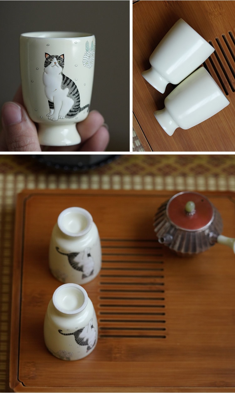 Gohobi Hand painted Cat Tea Cup Sake cup Ceramic Chinese Gongfu tea Kung fu tea Japanese Chado by local young designer