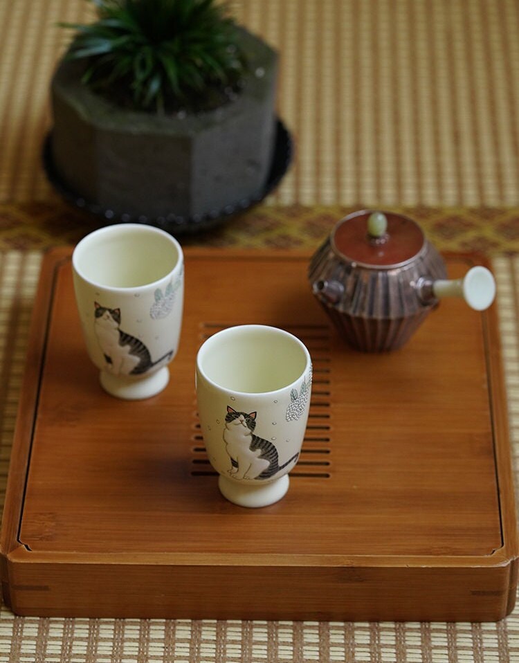 Gohobi Hand painted Cat Tea Cup Sake cup Ceramic Chinese Gongfu tea Kung fu tea Japanese Chado by local young designer